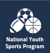 Button featuring football, soccer ball, and basketball, text reads: National Youth Sports Program