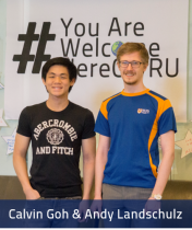 Calvin Goh and Andy Landschulz pose for a picture in Tomlinson Hall