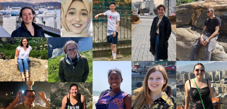 A collage of photos of study abroad ambassadors on their study abroad programs
