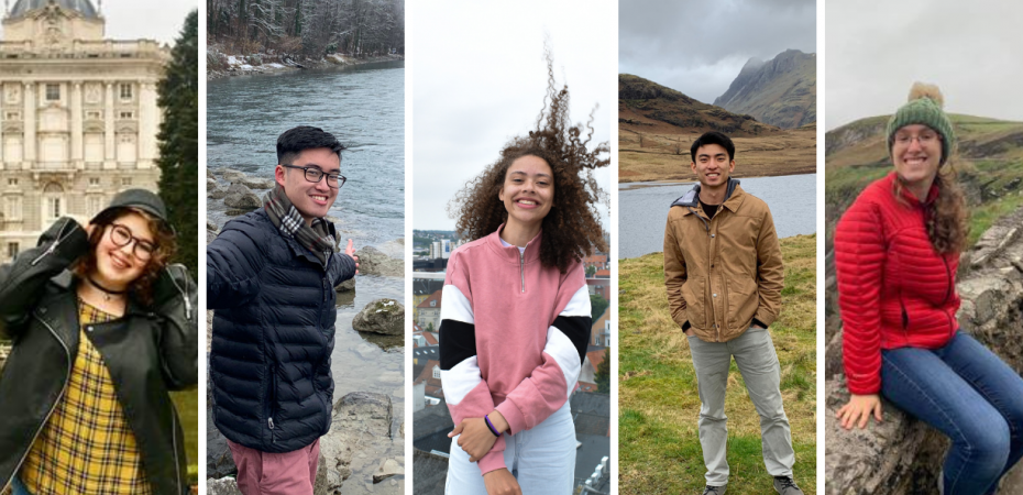 A collage of photos of the Study Abroad Ambassadors on their study abroad programs