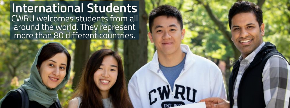 International Students | CWRU welcomes students from all around the world. They represent more than 80 different countries. | A picture of four CWRU international students on campus 