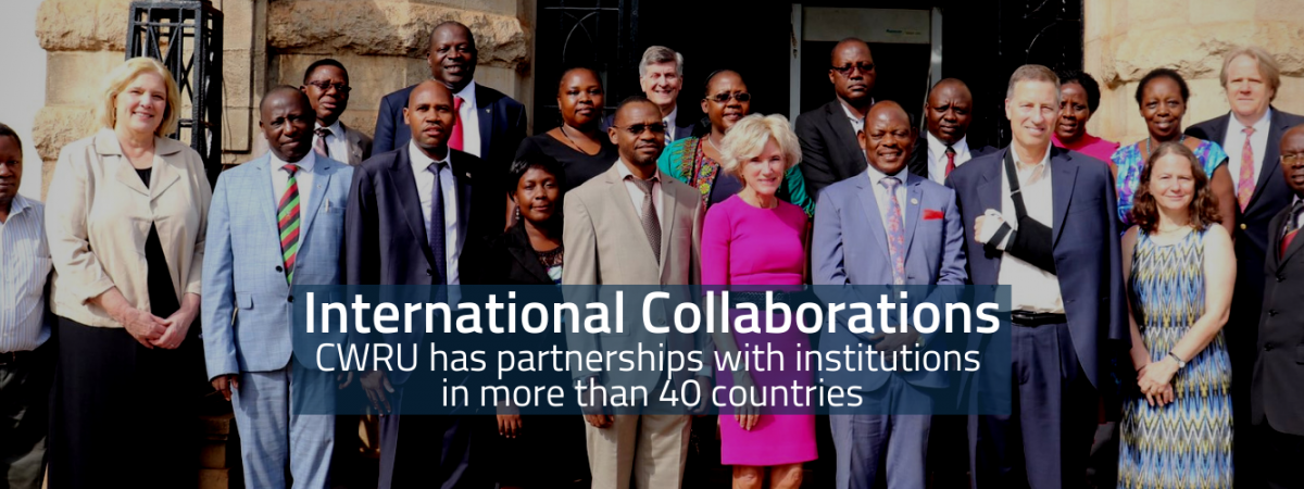 International Collaborations | CWRU has partnerships with institutions in more than 40 countries | a picture of representatives from CWRU and Makerere University in Uganda