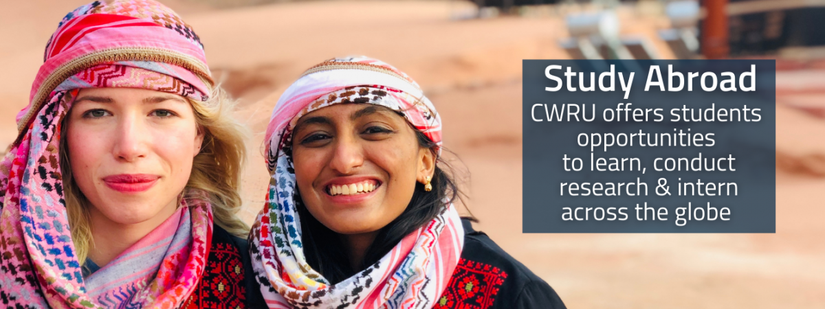 Study Abroad | CWRU offers students  opportunities  to learn, conduct research & intern across the globe  | a picture of two CWRU students studying abroad in Jordan
