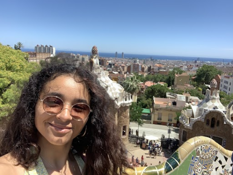 Beyah-Vida takes a selfie from a Spanish patio overlooking the sea