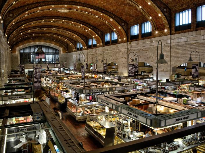 A view of the inside of the West Side Market overlooking the vendor booths