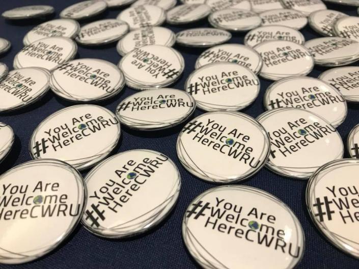 A picture of several buttons that say #YouAreWelcomeHereCWRU