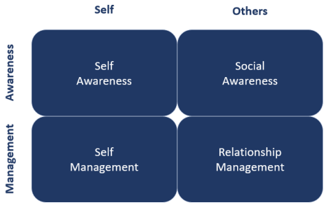 Four core competences of emotional intelligence, Self Awareness, Self Management, Social Awareness, Relationship Management