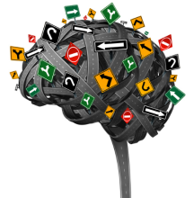 Graphic of a brain with directional signs