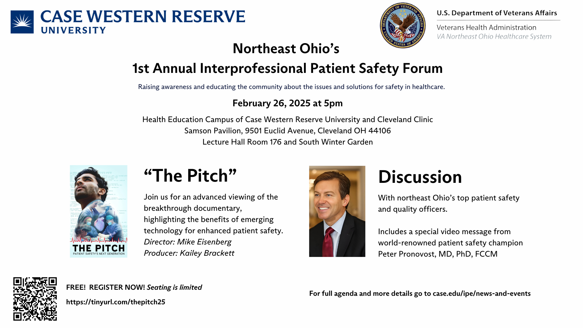 Flyer for Patient Safety Forum on Feb 26, 2025 at 5pm with photo of The Pitch Documentary and photo of Peter Pronovost MD, PhD, FCCM 