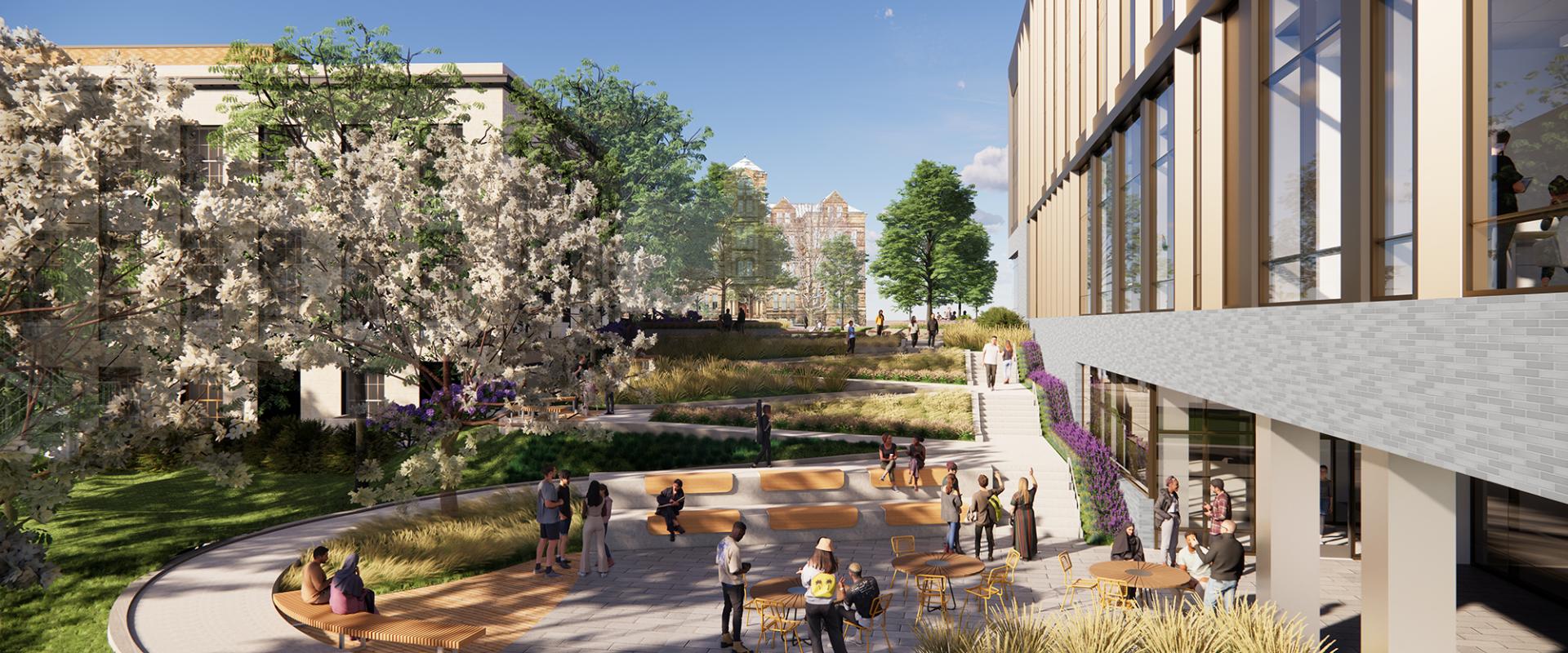A colorful depiction of the ISEB center, highlighting its innovative architecture and engaging community spaces.