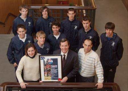 President Hundert with the men's cross country team, 1/16/2004