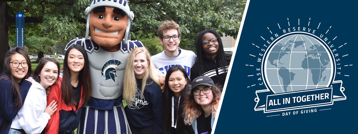 CWRU students with Spartie, University mascot. 