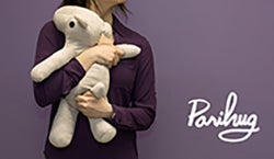 Parahug title with person holding a teddy bear against purple background