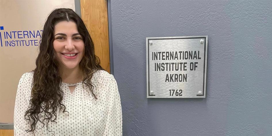 Nour Safi at her internship at the International Institute of Akron.