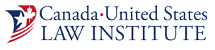 Logo of Canada-United States Law Institute, with american and candadian flag intertwined, in blue and red on white background