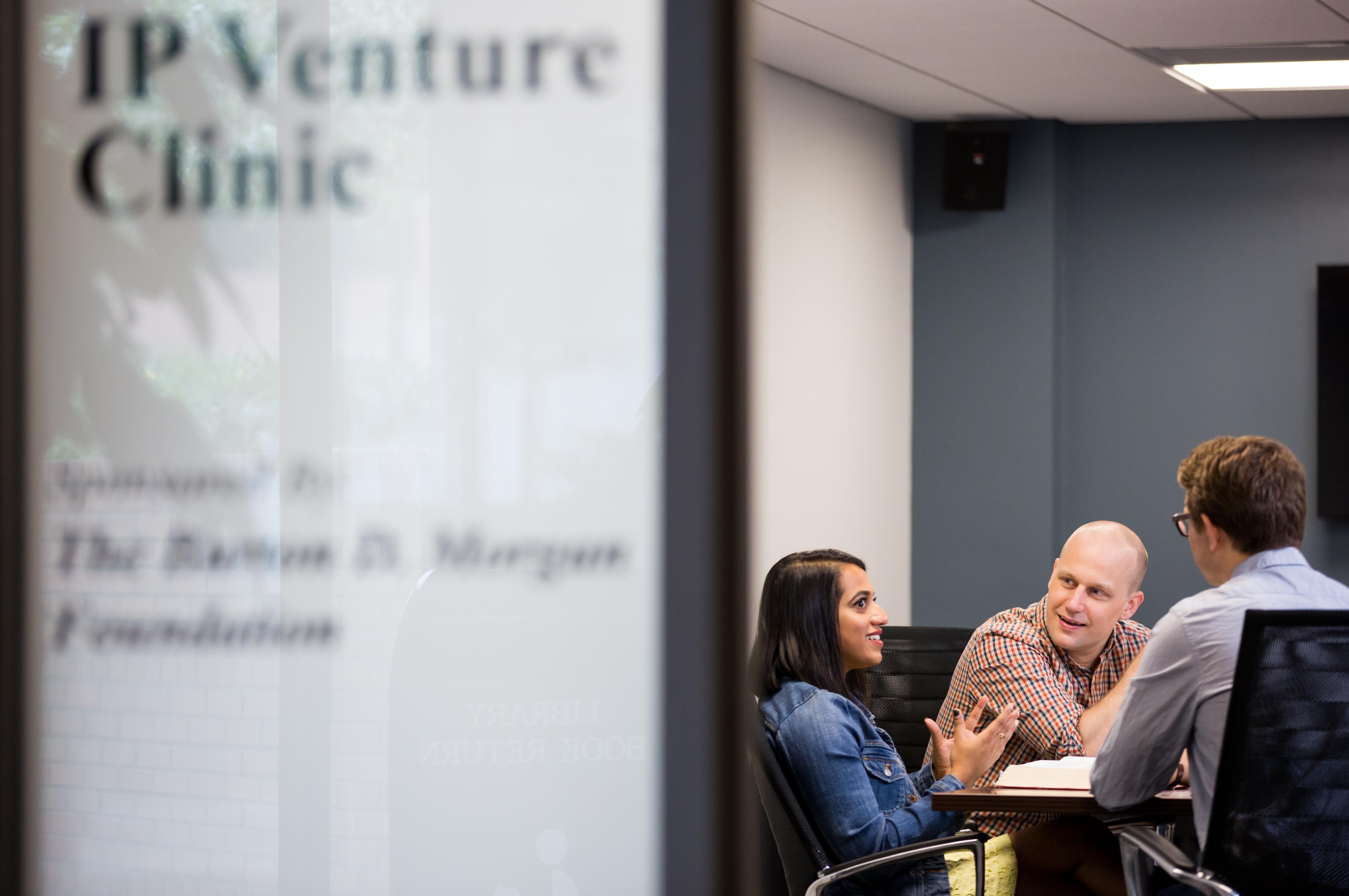 Law students meeting in the IP Venture Clinic