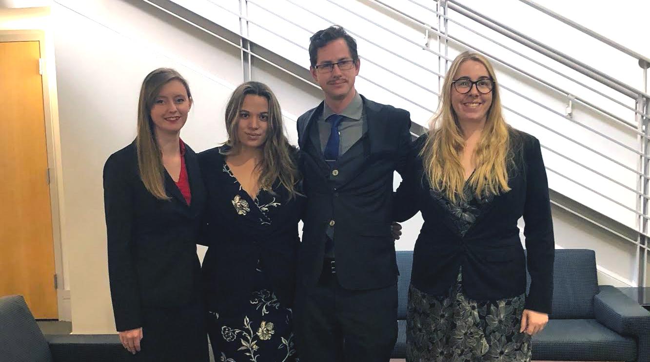 The CWRU International Criminal Court mock trial team: Caroline Ford, Gloria Neilson, Jazmine Edwards, Alan Dowling and Blair Mills