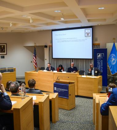 Photo of a lecture in the Moot Courtroom