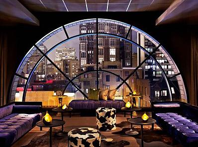 Image of Chicago skyline from inside a hotel window