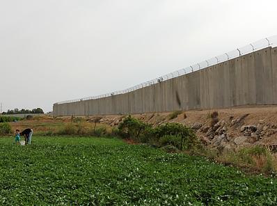 People standing in a field looking at a wall