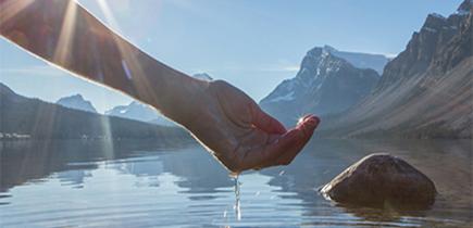 Photo of a hand reaching into a lake