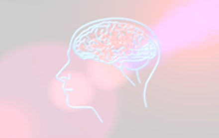 Animated profile outline of human head facing to the left on a red and orange background.