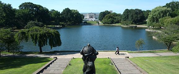 view of cleveland museum of art, looking over wade lagoon