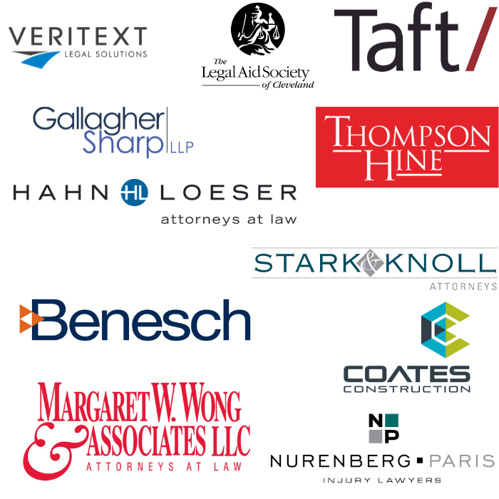 Logos of Veritex, Legal Aid Society of Cleveland, Taft, Gallagher and Sharp, Thompson and Hine, Stark and Knoll, Coates Construction, Benesch, Margaret Wong and Associates, and Nurenberg Paris Injury Lawyers