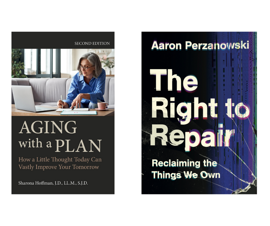 book covers for Aging with a Plan and The Right to Repair