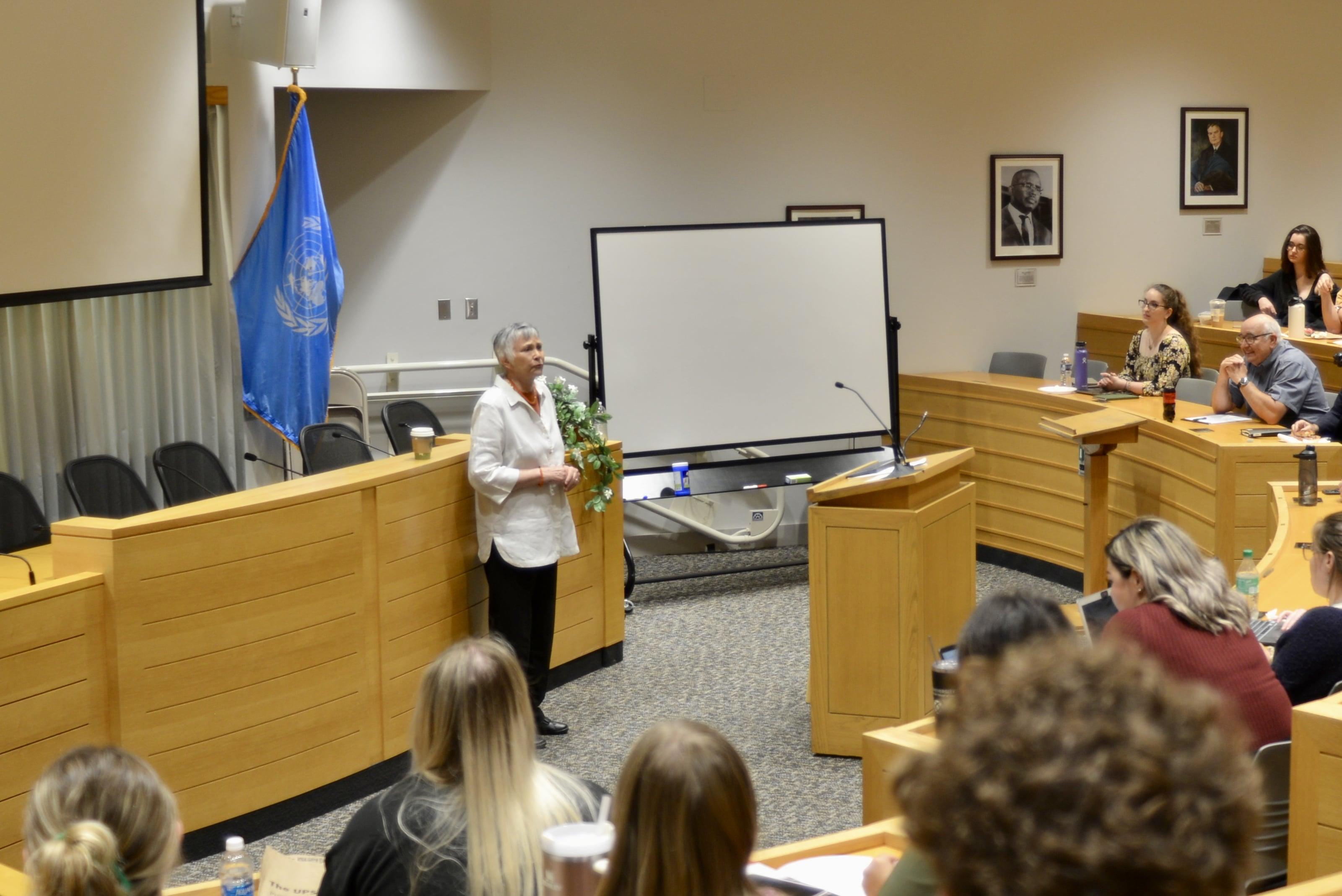 Brenda Hollis speaking to gathered students, faculty and staff in CWRU Moot Courtroom