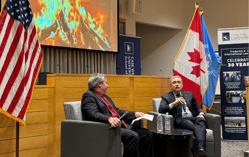 Minister Champagne and co-Dean Michael Scharf in the Moot Courtroom during the fireside chat
