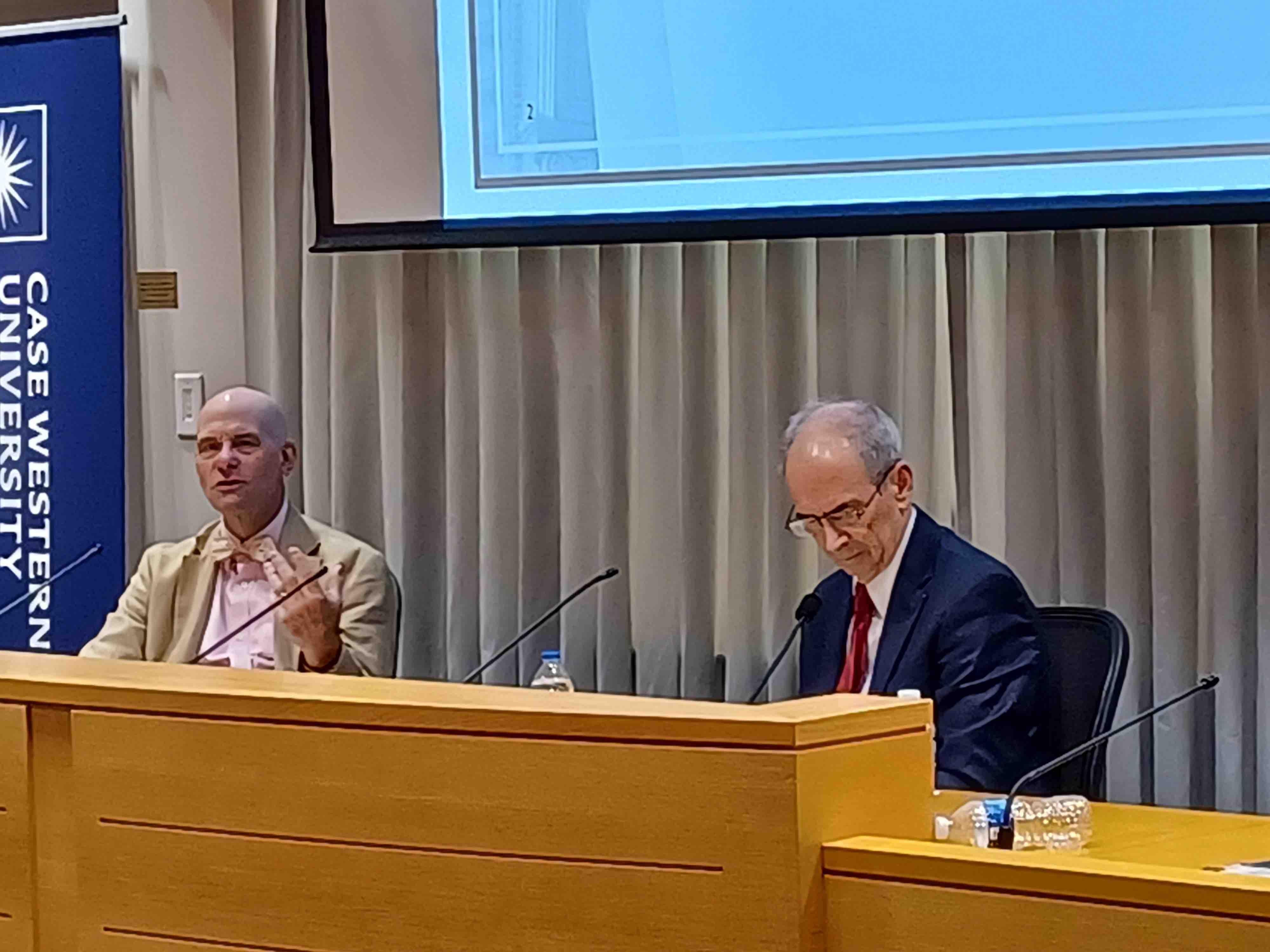 Professors Pritchard and Thompson in the Moot Courtroom during their discussion