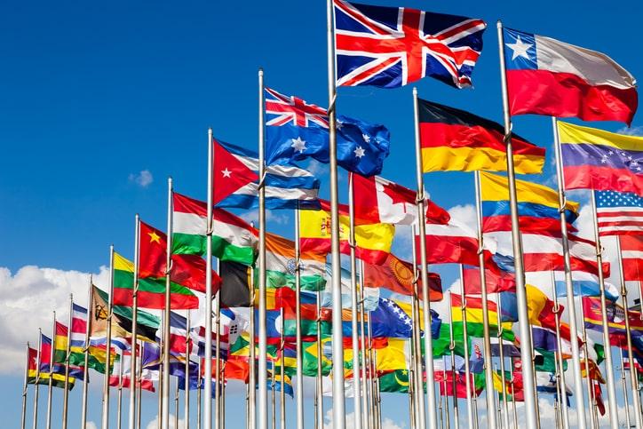 World flags arranged on flagpoles