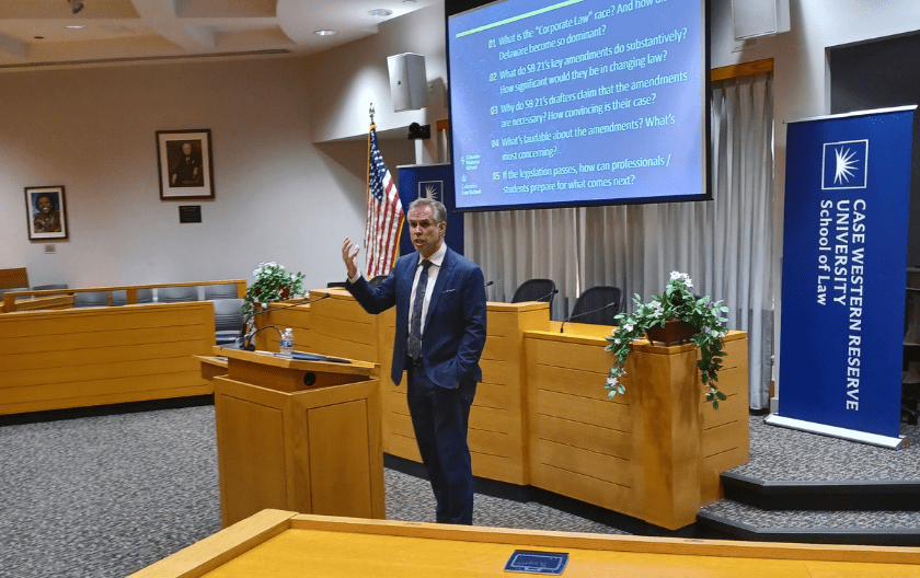 Eric Talley speaking in the Moot Courtroom
