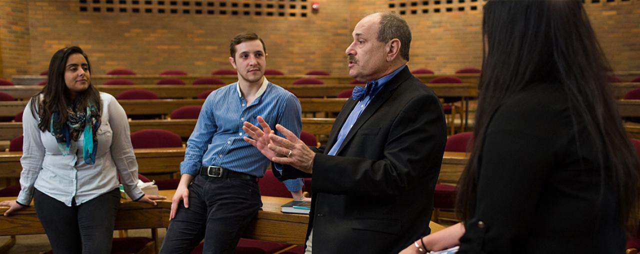 A CWRU Law faculty member talking to law students