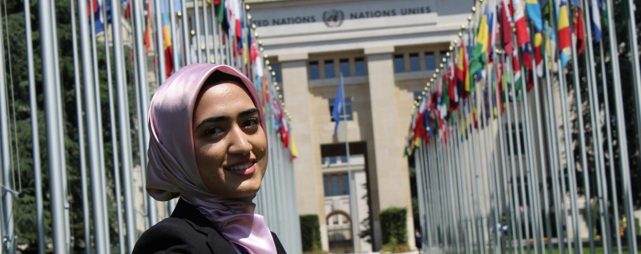An image of a Case Western Reserve Law student in front of the United Nations