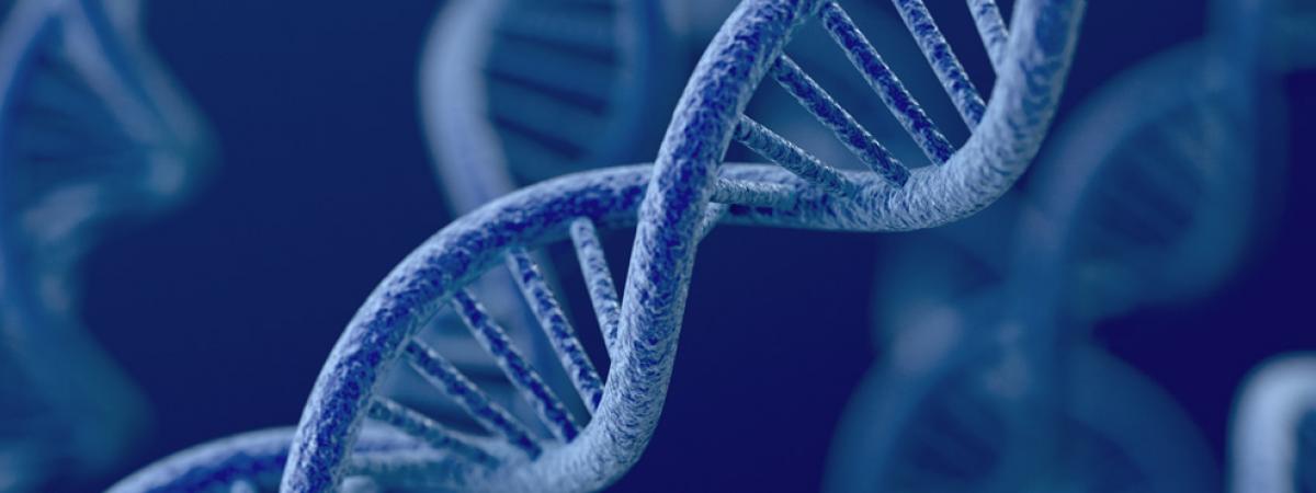 Image of DNA strands in blue against blue background