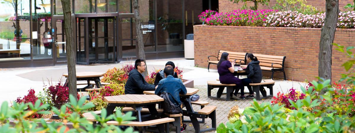 groups of students outside case western reserve law school taking and studying in picnic area with flowers, tables and benches