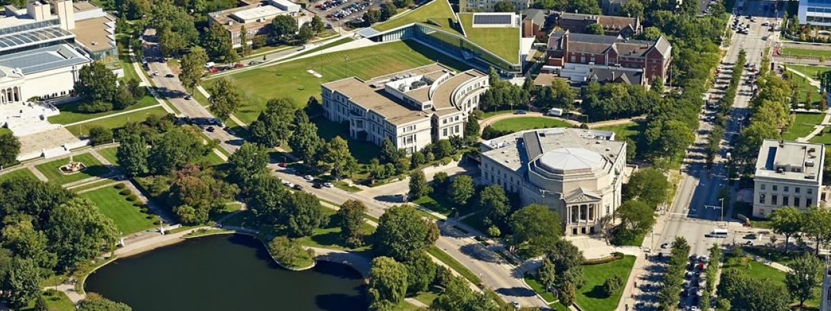 Arial view of university circle, including Severance Hall, Kelvin Smith Library, Tinkham Veale University Center, and the Cleveland Museum of Art