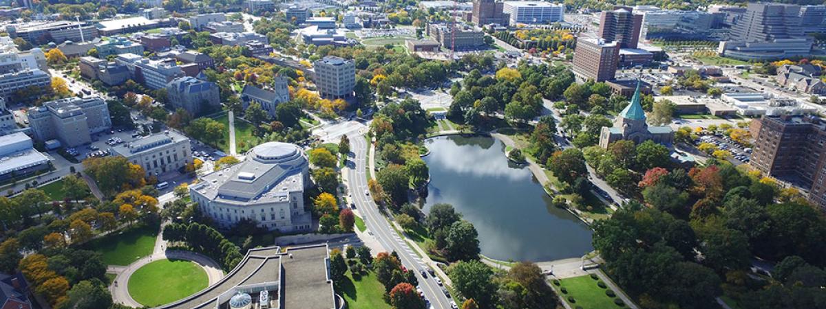 Aerial view of Case Western Reserve University campus overlooking Wade Lagoon