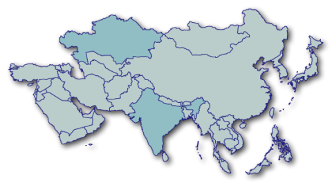 Blue and grey map of the continent of Asia