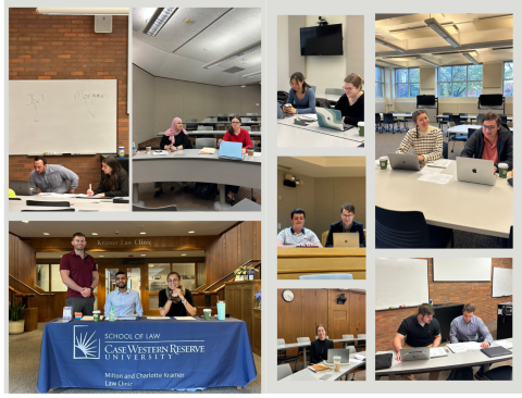 Collage of various scenes of people sitting at desks with laptops at a Community Record Sealing Clinic.  One table has a covering that reads School of Law, Case Western Reserve University,Milton and Charlotte Kramer Law Clinic.