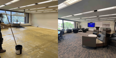 Faculty lounge before and after (before during construction with the floor ripped out and after with the new carpet and furniture in place)