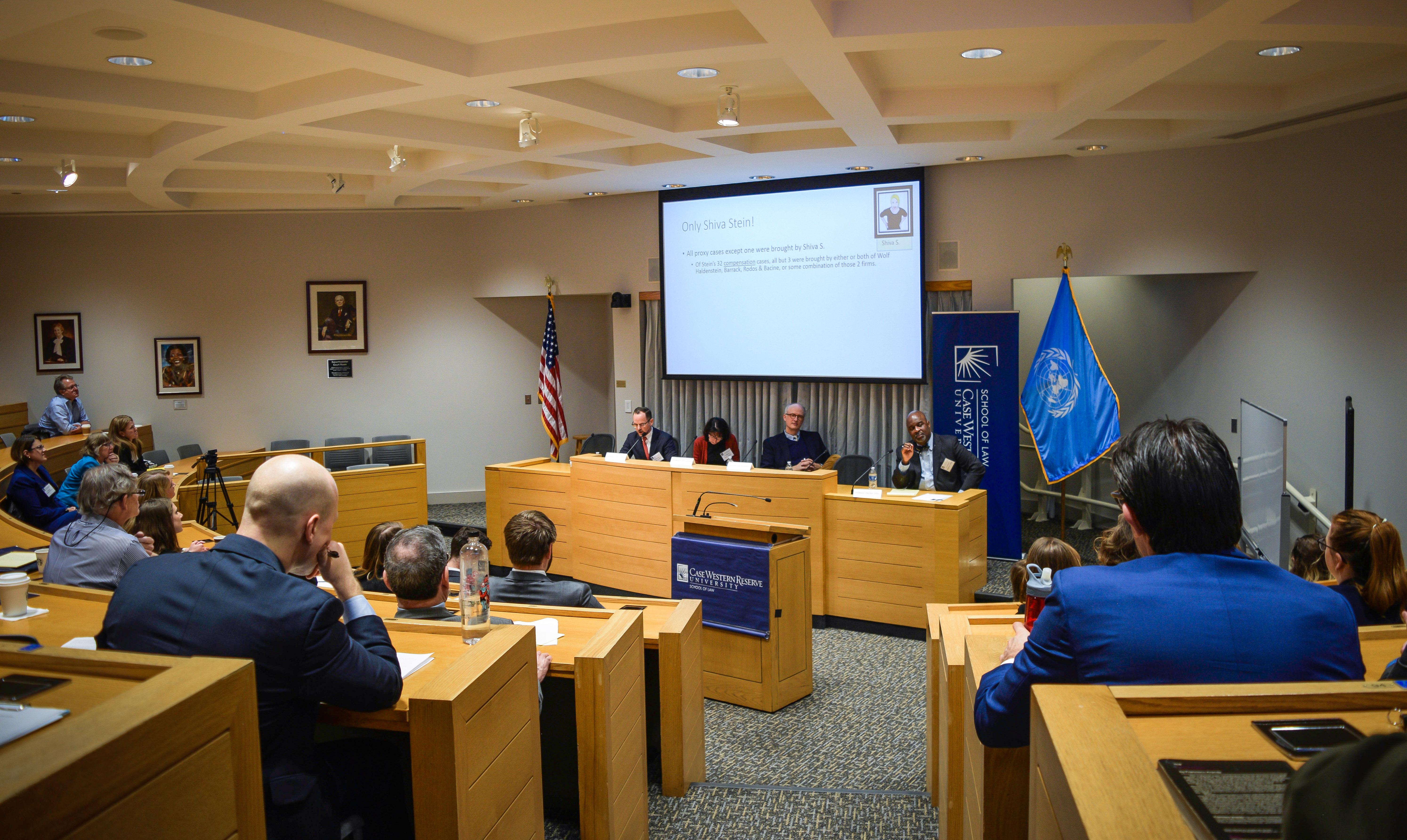 Photo of a lecture in the Moot Courtroom