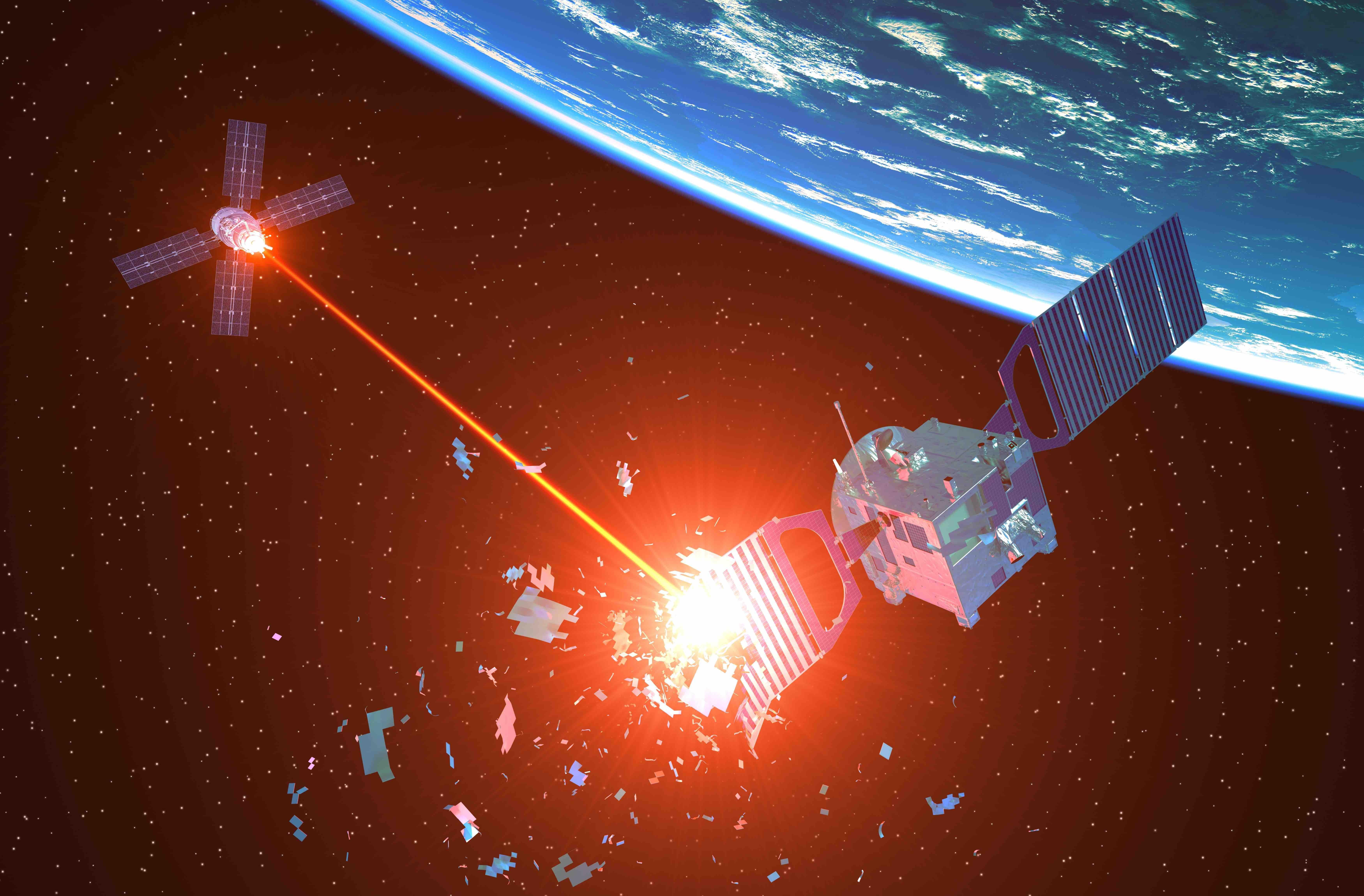 Laser Weapon Destroys Satellite In Outer Space - stock photo