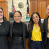 Students Clare Kelley, Kelsey Moore, Michaella Polverini and Ryn Wayman in a courtroom