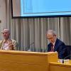 Professors Pritchard and Thompson in the Moot Courtroom during their discussion