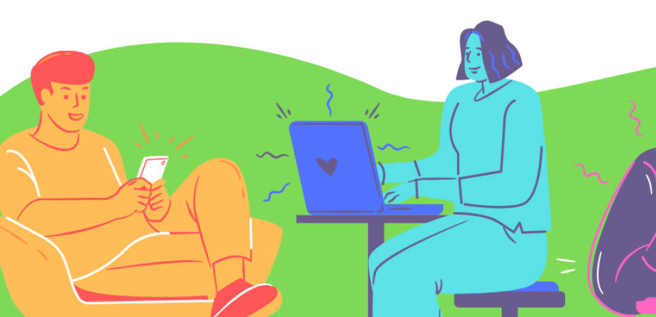 Drawing of three smiling students, one uses a smartphone and the other two use a laptop