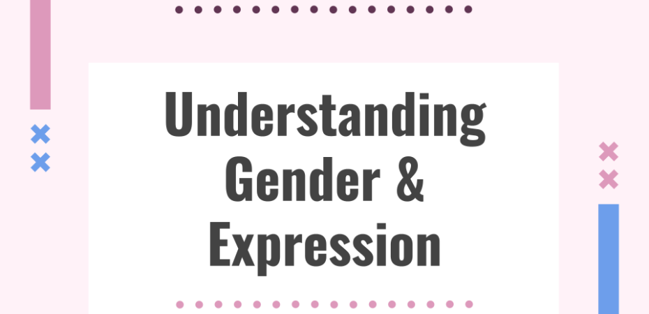 Bold black text reads "Understanding Gender and Expression" the background is pink with dark pink and blue decorative elements