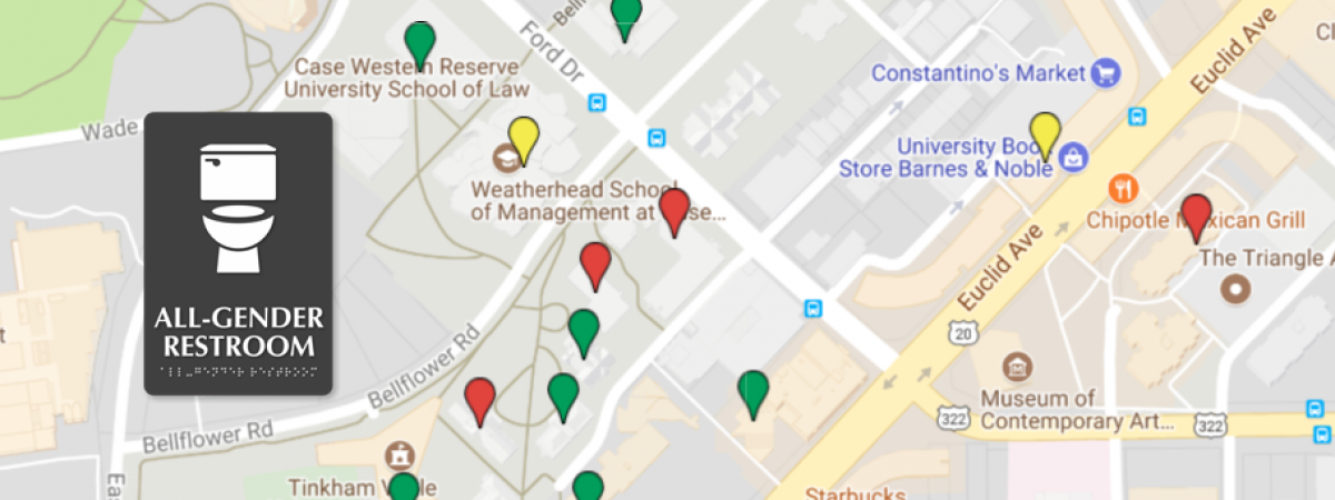 Google map of campus with a gray all gender bathroom sign
